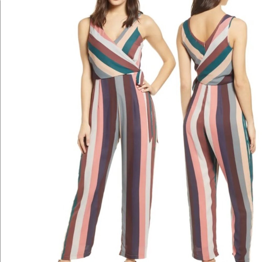 Lulus Pink Burgundy Turquoise Chevron Bold Stripe Pantsuit Jumpsuit Size Small